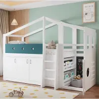 OKWISH Halfhoogslaper 90x200 cm - Kinderbed In Huisvorm Met Speelruimte En Opbergkast - Met Ladder - Hout En MDF - Wit - Zonder Matras