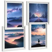Tulup 4-Delige Schilderij Set - Nachtelijke hemel, berglandschappen in de mist en herten - 40x40 en 40x60 - Muurdecoratie - Decoratieve Schilderijen - Wohnzimmer