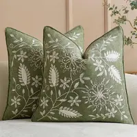 Snq 2 Stuks Geborduurde Lendenkussenslopen - 45x45 cm - Chenille met Wildbloemenmotief - Saliegroen - Voor Bank en Bed