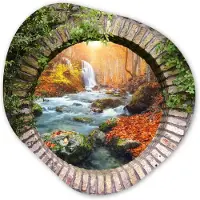 MuchoWow Organische wanddecoratie 60x60 cm - Organisch schilderij Herfst - Waterval - Natuur - Doorkijk - Muurdecoratie woonkamer - Kamer decoratie - Schilderijen - Muurcirkel aesthetic