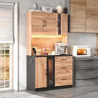 Merax 105x40x180 cm keukenkast - zwart en houtnerf uiterlijk - met LED-verlichting - verstelbare planken en Europese stopcontacten