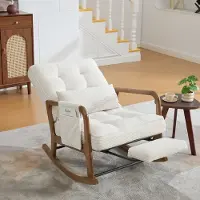 OKWISH Schommelstoel - 1-Zits Relaxfauteuil 70 x 80 x 92 cm - Met Verstelbare Rugleuning, Voetsteun, Lendenkussen En Zijdtas - Hout - Beige