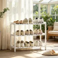 OKWISH Schoenenkast Opbergrek – 70 x 26 x 57,5 cm – 3-Laags Staand Rek – MDF En Hout – Wit – Open Schoenenopslag Voor Hal En Woonruimte