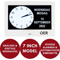 OER Dementieklok – Digitaal & Analoog – Kalenderklok met Alarmfunctie – Voor Alzheimer en Ouderen – Automatische Dimfunctie – 7 Inch Scherm – Wit