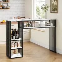 OKWISH Bartafel Met Stauraum - Moderne Keukenbar Met Marmerlook - Voor Keuken En Eetkamer - MDF En Metaal - 140 X 40 X 105 Cm