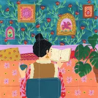 IXXI Leesmomentje, Kirsten Blom Art & Illustration - 100 x 100 cm - Grote wanddecoratie en posters - Cartoonesk, Speels, Fantasierijk, Digitale Kunst