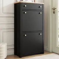 STILVORA Schoenenkast - Smal Met 1 Lade En 2 Kleppen - Voor Hal En Entree - MDF In Zwart Met Houtlook - 50x24x95 Cm