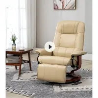 OKWISH Relaxfauteuil 78 Cm - 145 Graden Verstelbare Rugleuning En Voetensteun - 360 Graden Draaibaar Voor Woonkamer - Kunstleer - Cream White
