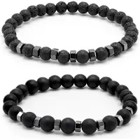 Victorious Set Natuurstenen Kralen Armbanden Heren – Lavasteen/Onyx – Zwart/Zilverkleurig – 17.5cm
