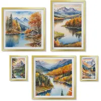 Wallfluent 5-Delige Schilderij Set - Berglandschappen Met Rivieren En Herfstbomen - 50 x 50 cm, 20 x 30 cm En 40 x 60 cm - Moderne Wanddecoratie - Slaapkamer - Interieur Decoratie