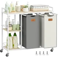Vasagle - Wasmand - Wassorteerder - Met 2 Vakken - 100 L wasmand - Met Wieltjes en Afneembare Tassen