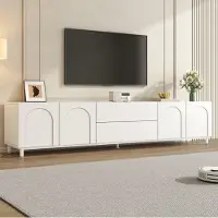 OKWISH Tv Meubel - 4 Deuren En 2 Lades - Kabeldoorvoer Voor Woonkamer - Boogvormig Design - MDF En Spaanplaat Wit - 180x40x48 Cm