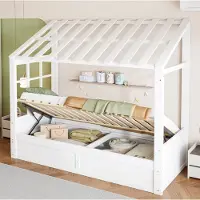 STILVORA Kinderbed 90x200 cm - Hoogslaper Met Dak En Raamdetails - Hydraulische Opbergruimte En Zijvakken - MDF En Metaal - Wit - Zonder Matras