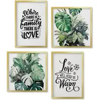 Wallfluent 4-Delige Schilderij Set - Familieliefde, Warmte Thuis, Bladeren, Planten, Aquarel - 40 x 40 cm En 40 x 60 cm - Wanddecoratie - Muurdecoratie - Woonkamer