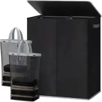 Vali Wasmand - Wasmanden - 145L - Wasmand 2 Vakken - Zwart - 58cm x 38cm x 67cm