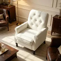 OKWISH Fauteuil – 1-Zits Stoel Met Armleuningen En Hoge Rugleuning – Gevoerde Zitting, Knoopstiksel En Houten Poten – Voor Woonkamer – Linnen – Cream