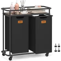 Vasagle - Wasmand - Wasmand met Wielen - 2 Vakken - Met Afneembare Tassen en Etiketten