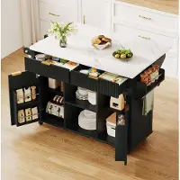OKWISH Keukenkast - Keukeneiland Op Wielen Met Uitklapbaar Werkblad - 143 x 45 x 89,5 cm - 2 Laden 2 Deuren - MDF Zwart Naturel