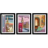 Wallfluent 3-Delige Schilderij Set - Retro Stadsgezichten Van Parijs, Londen En Frankrijk - 20 x 30 cm - Stijlvolle Wanddecoratie - Interieur - Woonkamer Decoratie