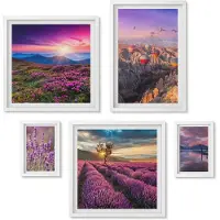 Wallfluent 5-Delige Schilderij Set - Landschappen Met Lavendel En Heteluchtballonnen - 50 x 50 cm, 20 x 30 cm En 40 x 60 cm - Decoratieve Schilderijen - Wanddecoratie - Hal - Interieur Decoratie
