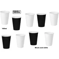 Themaparty 500x Koffiebeker karton zwart en wit 180ml -melk suiker hout festival werk lepel