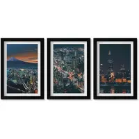 Wallfluent 3-Delige Schilderij Set - Uitzicht Op De Stad 'S Nachts Vanaf De Bergen Met Wolkenkrabbers - 20 x 30 cm - Decoratieve Schilderijen - Wanddecoratie - Hal
