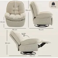 OKWISH Relaxfauteuil 95 x 94 x 104 cm - Handmatig Verstelbaar Met 360° Draaifunctie En Wipfunctie - Voor Woonkamer Of Slaapkamer - Polyester - Crèmewit