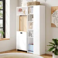 OKWISH Bureau - Inklapbaar 2-in-1 Ontwerp Met Boekenkast En Stopcontact - Ruimtebesparend Voor Thuiswerk Of Studentenkamer - Wit Eiken - 104,5 x 30,5 x 160 cm