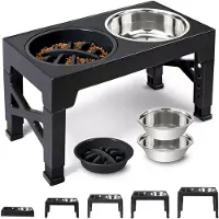 VHV Verhoogde Voerbak Hond - Verstelbare Hondenvoerbak 4 Hoogtes - Slow Feeder Hond - 2 RVS Bakken - Antislip Voerstandaard - Voor Hond en Kat - Zwart