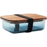 Midocean Lunchbox van glas met acaciahouten deksel en RPET elastieksluiting. Inhoud: 800ml FSC-certified Blauw glas