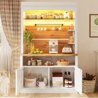 Merax Hoge kast - met LED-verlichting en glazen planken - buffetkast - met haakstrip - wit