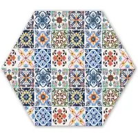 MuchoWow Hexagon wanddecoratie - Kunststof Wanddecoratie - Hexagon Schilderij - Design - Bloemen - Oranje - Blauw - Abstract - 120x103 cm