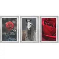 Wallfluent 4-Delige Schilderij Set - Rode rozen en een paard in een grijze omgeving - 40 x 60 cm - Stijlvolle Wanddecoratie - Interieur - Woonkamer Decoratie