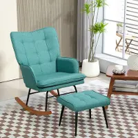 OKWISH Schommelstoel – Met Hocker, Hoge Rugleuning En Armleuningen – Voor Lezen En Ontspannen In Slaapkamer Of Woonkamer – Polyester – Donkergroen