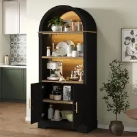 OKWISH Keukenkast - Highboard Met Verstelbare Legplank En Led-Verlichting - Voor Keuken Woonkamer En Eetkamer - MDF Zwart - 76,2 Cm
