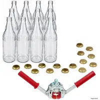 MamboCat Set van 12 LINEA-flessen van 0,33 l, transparant, met 15 gouden kroonkurken en kroonkurk-sluitingen – 12x 24915, 15x 24064 & 21984