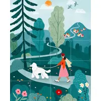 IXXI Poodle Walk, Bea Müller & Various - 80 x 100 cm - Gratis ophangtool - Grote wanddecoratie en posters - Modern, Fantasierijk, Kleurrijk, Speels