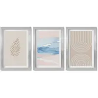 Wallfluent 3-Delige Schilderij Set - Bladeren En Golven In Beige En Blauwe Tinten. - 20 x 30 cm - Decoratieve Schilderijen - Woonkamer - Interieur - Interieur Decoratie