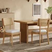 MODFU Eetkamerstoel set van 2, massief hout, met rattan-rugleuning en linnen kussen, modern ontwerp