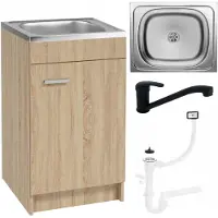 Stamar - Keukenonderkast 50 cm - eiken sonoma - RVS spoelbak 50 x 40 cm, zwarte draaibare kraan en sifon