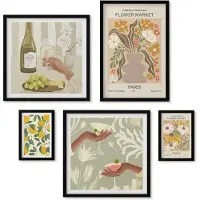 Wallfluent 5-Delige Schilderij Set - Bloemenmarkten En Fruitaccenten In Vintage Stijl - 50 x 50 cm, 20 x 30 cm En 40 x 60 cm - Schilderijen Set - Wanddecoratie - Woonkamer - Moderne Wanddecoratie