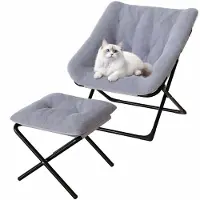 Happiq Loungestoel met Voetenbank - Opvouwbaar Oversized design - voor woonkamer en slaapkamer - Grijs Kunstleer - Roze