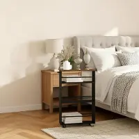 OKWISH Keukentrolley Smal - 47 x 80 x 13 cm - Metaal En Houtlook - Zwart - 3 Open Legplanken Met Wielen - Voor Keuken En Nissen