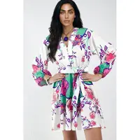 MSN Collection Bloemvormige V-Hals A-Lijn Mini Jurk met Riem