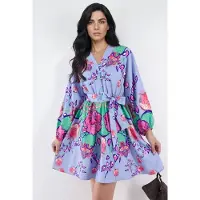 MSN Collection Bloemvormige V-Hals A-Lijn Mini Jurk met Riem