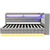OKWISH Dagbed 90x200 met LED-verlichting en opbergruimte, gestoffeerd bed met USB- en Type-C-aansluitingen, fluweelstof, kinderbed in lichtgrijs, zonder matras