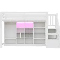 STILVORA hoogslaper, 90x200 cm, met opbergkasten en diverse vakken. Kinderbed met kledingkast en LED-verlichting. Etagebed, wit, met zijleuning en opbergruimte