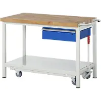 RAU Werkbank serie 8001, verrijdbaar, neerlaatbaar, schuiflade, B 1250 x D 700 x H 880 mm