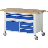 RAU Werkbank serie 8922, verrijdbaar, 5 schuifladen, 2 legborden met deur, B 1500 x D 700 x H 880 mm