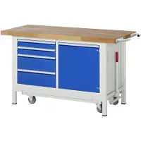 RAU Werkbank serie 8470, neerlaatbaar, verrijdbaar, 4 schuiflades en legbord, B 1500 x D 700 x H 880 mm